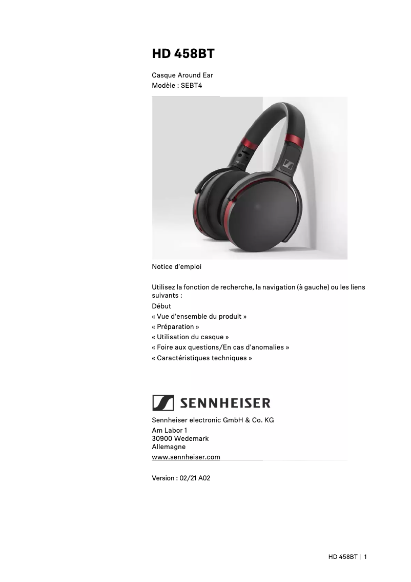 Page 1 de la notice Manuel utilisateur Sennheiser HD 458BT