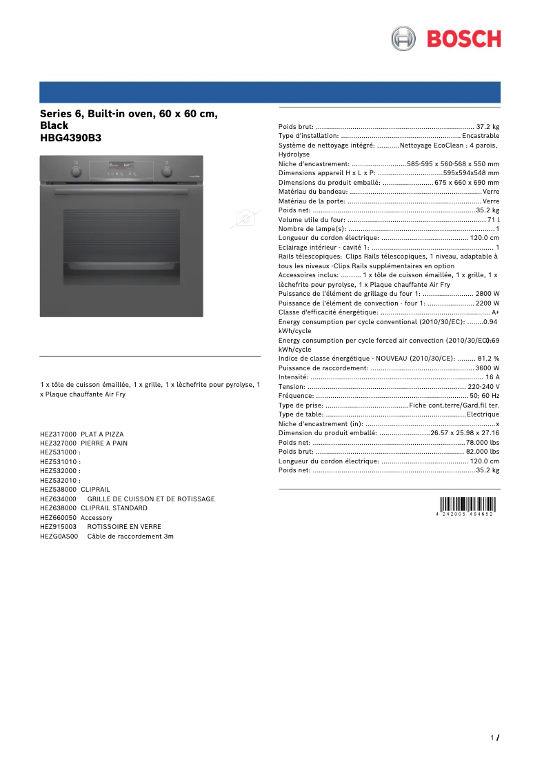 Page 1 de la notice Fiche technique Bosch HBG4390B3