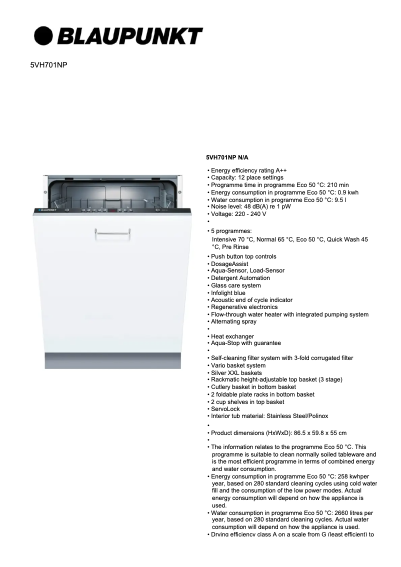 Página 1 del manual Ficha técnica Blaupunkt 5VH701NP