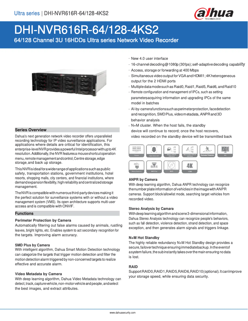 Page 1 de la notice Fiche technique Dahua Technology NVR616R-64/128-4KS2