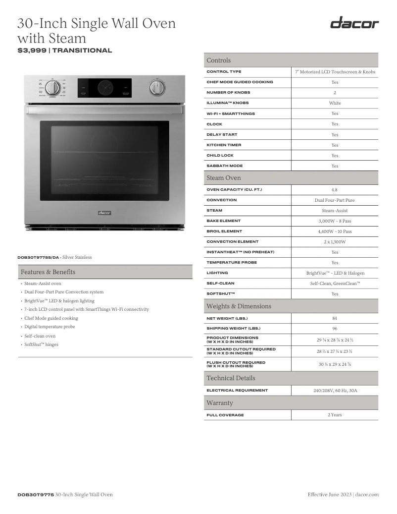 Page n°1 - Fiche technique Dacor DOB30T977SS