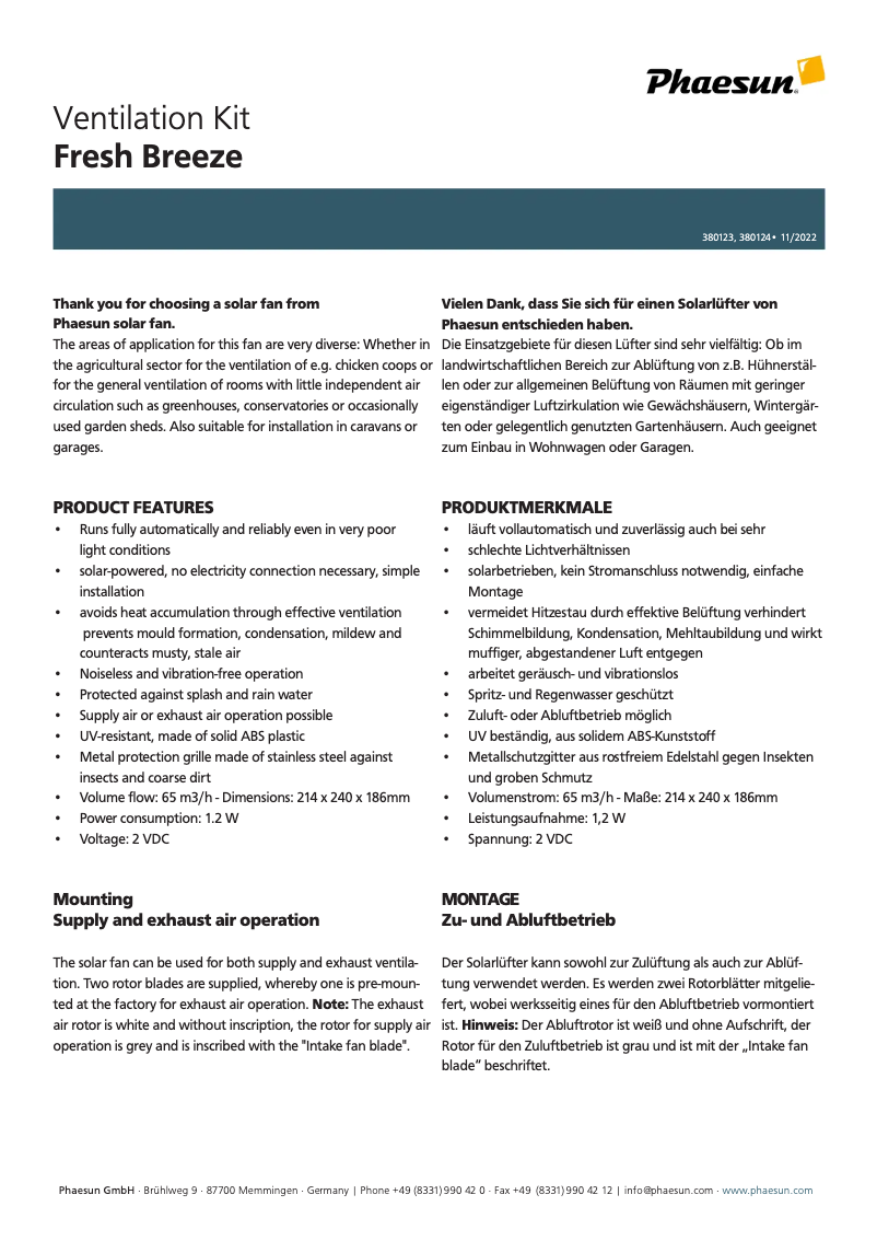 Página 1 del manual Manual de usuario Phaesun Fresh Breeze