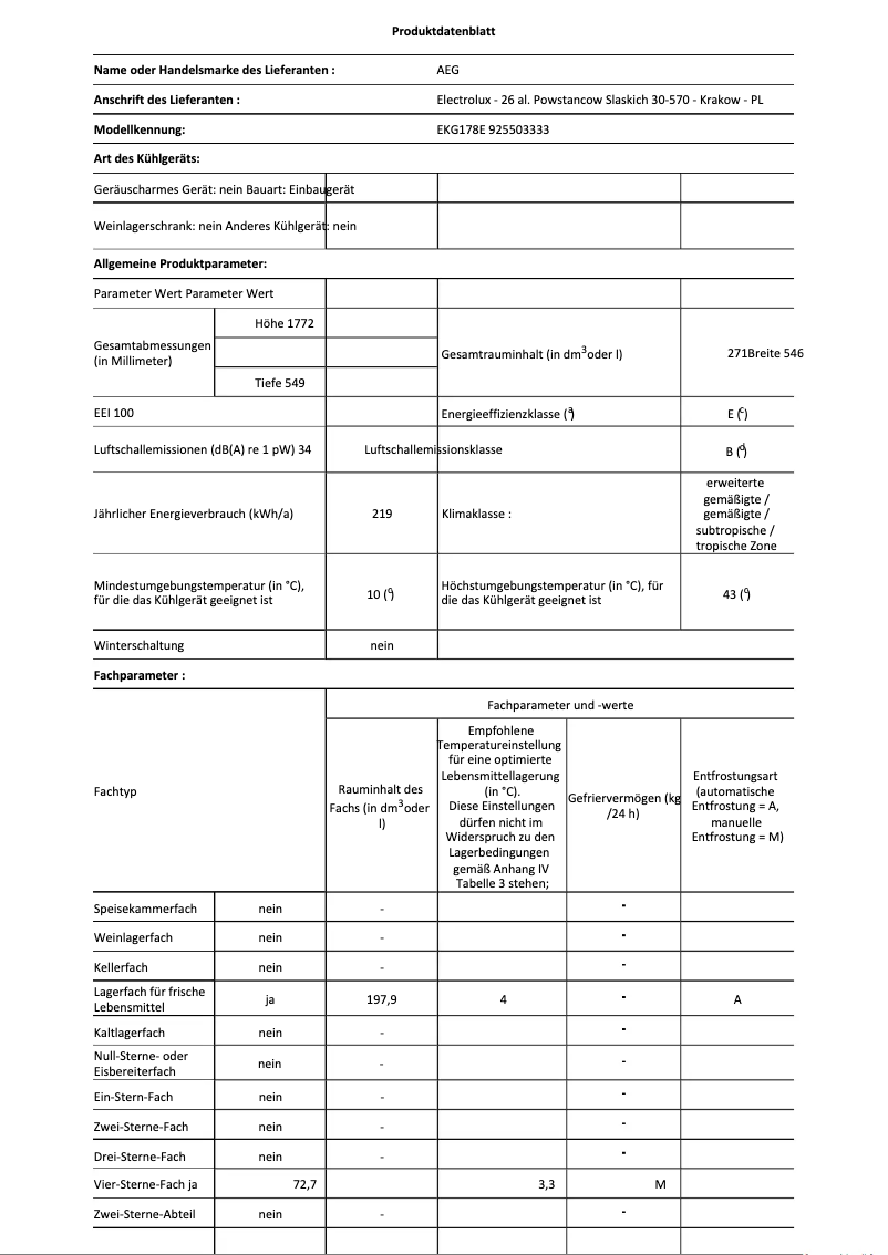 Page n°1 - Fiche technique AEG EKG178E