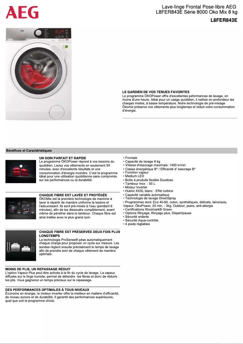 Page 1 de la notice Fiche technique AEG L8FER843E