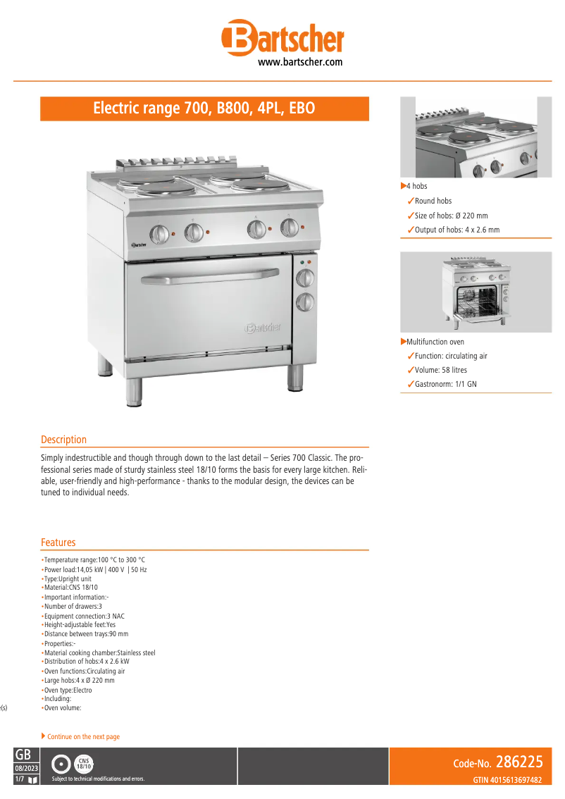 Page 1 de la notice Fiche technique Bartscher 286225