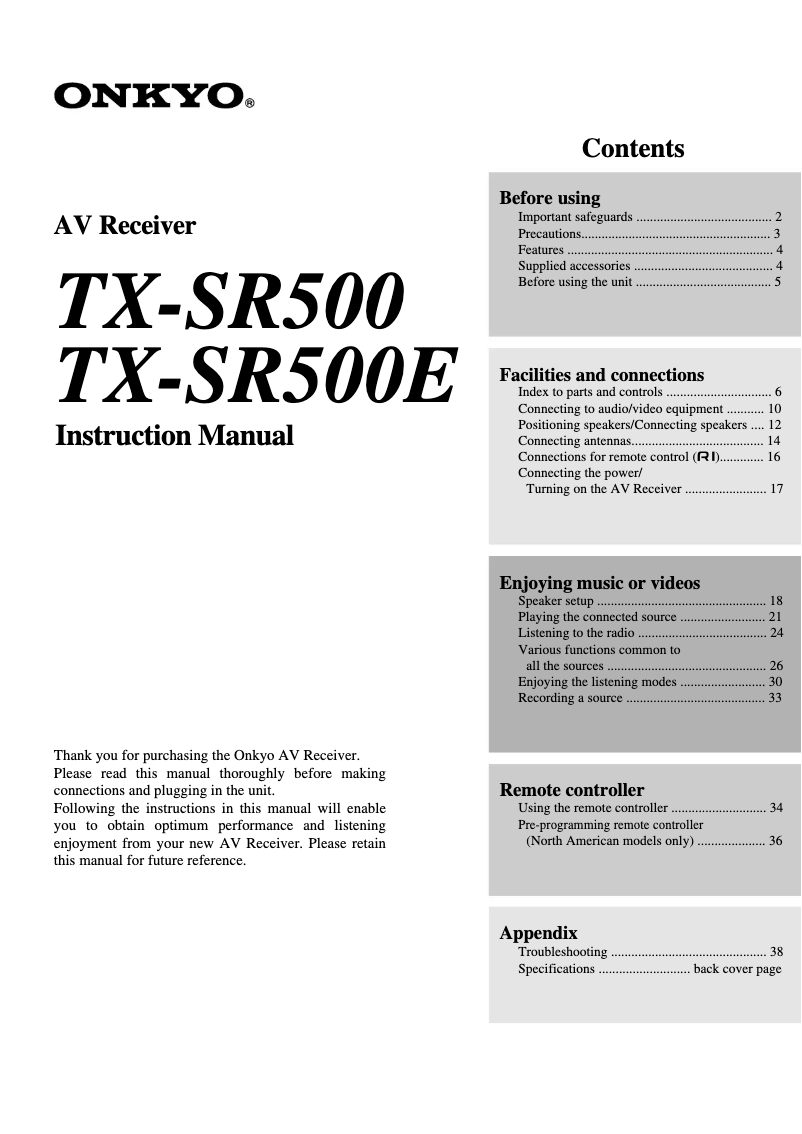 Image de la première page du manuel de l'appareil TX-SR400