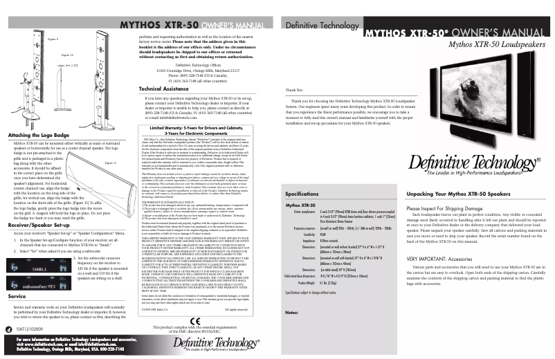 Page n°1 - Manuel utilisateur Definitive Technology XTR-50