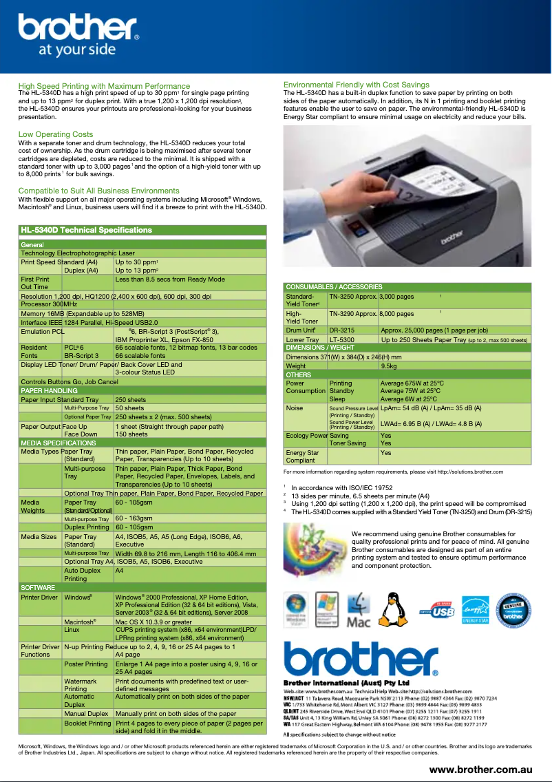 Page 1 de la notice Fiche technique Brother HL-5340D