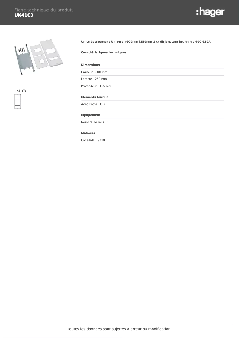 Page n°1 - Fiche technique Hager UK41C3