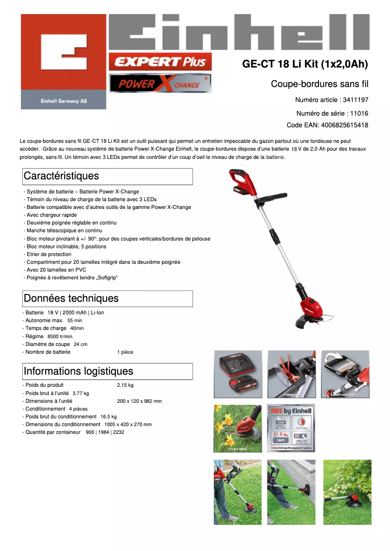 Page n°1 - Fiche technique Einhell GE-CT 18 Li Kit