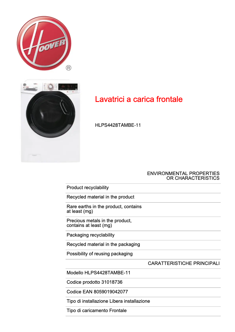 Página 1 del manual Ficha técnica Hoover LINK PRO HLPS4428TAMBE-11