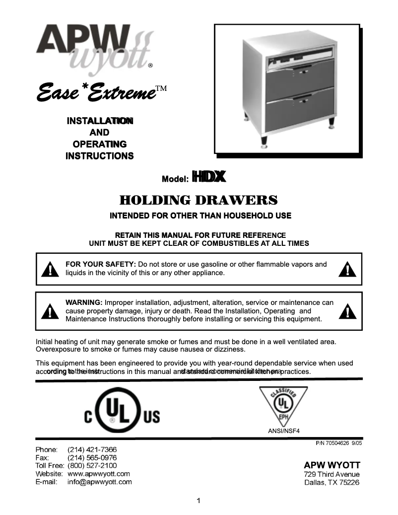 Page 1 de la notice Manuel utilisateur APW Wyott HDXi-1-120