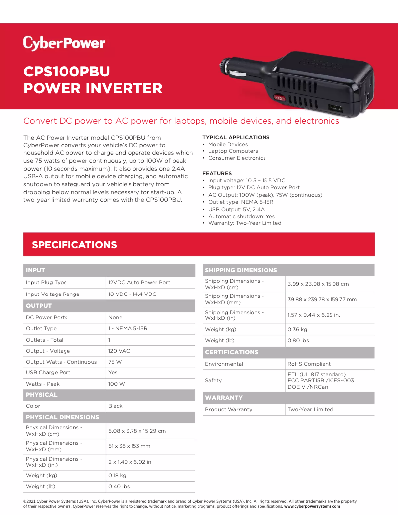 Page n°1 - Fiche technique CyberPower CPS100PBU