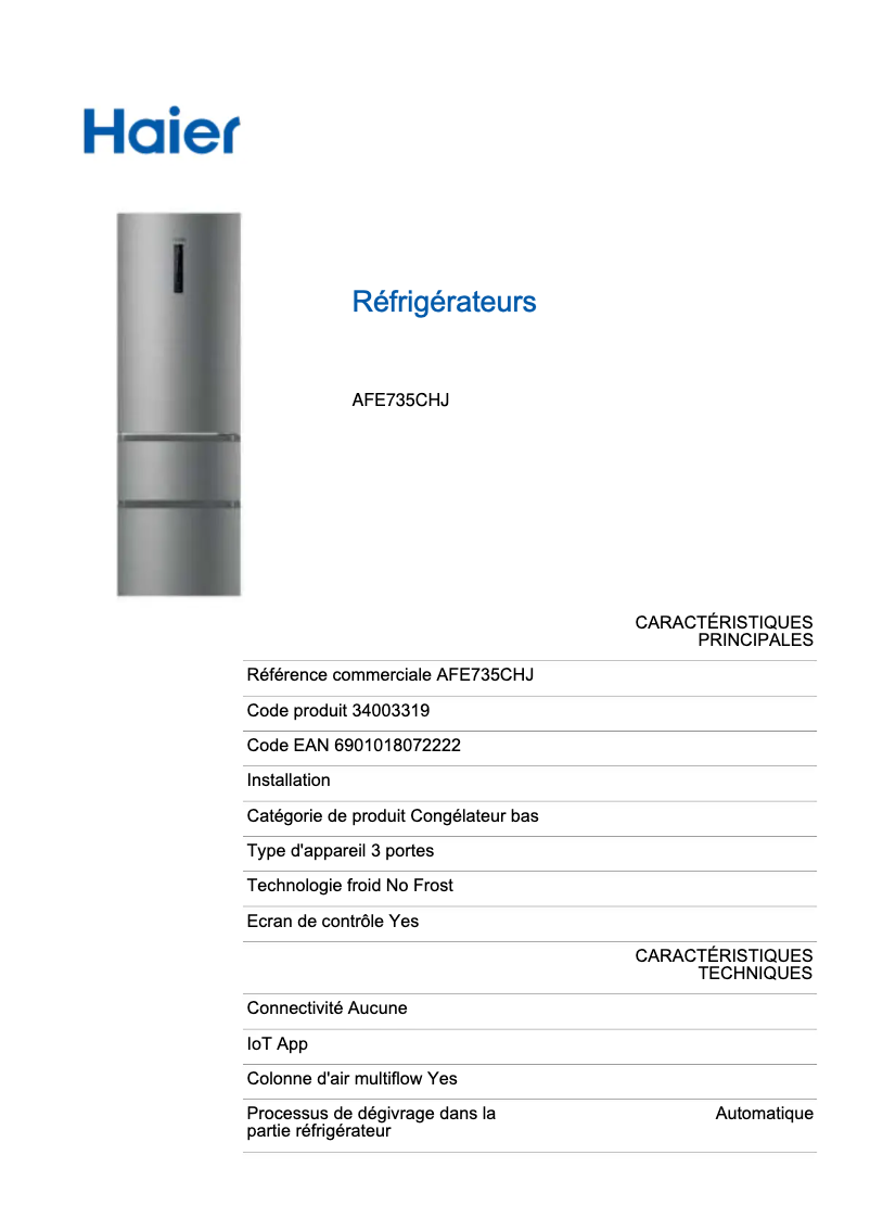 Image de la première page du manuel de l'appareil AFE735CHJ