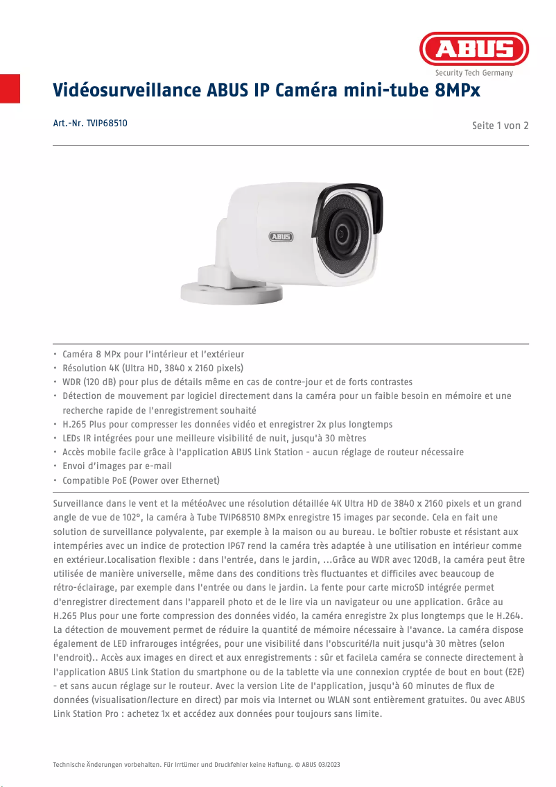 Página 1 del manual Ficha técnica Abus TVIP68510