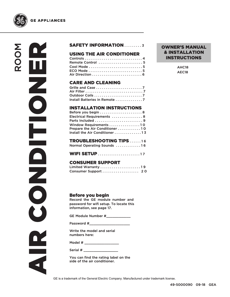 Page n°1 - Guide d'installation GE AHC18DY