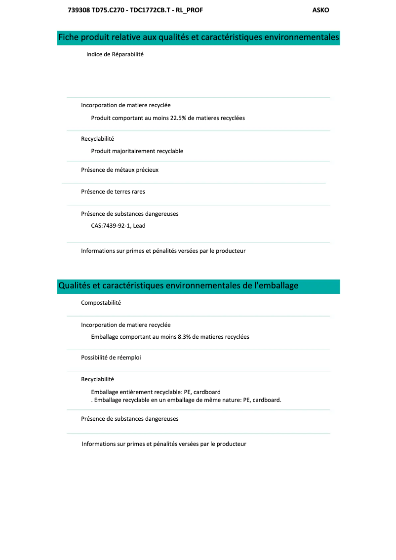 Page n°1 - Fiche technique Asko TDC1772CBT