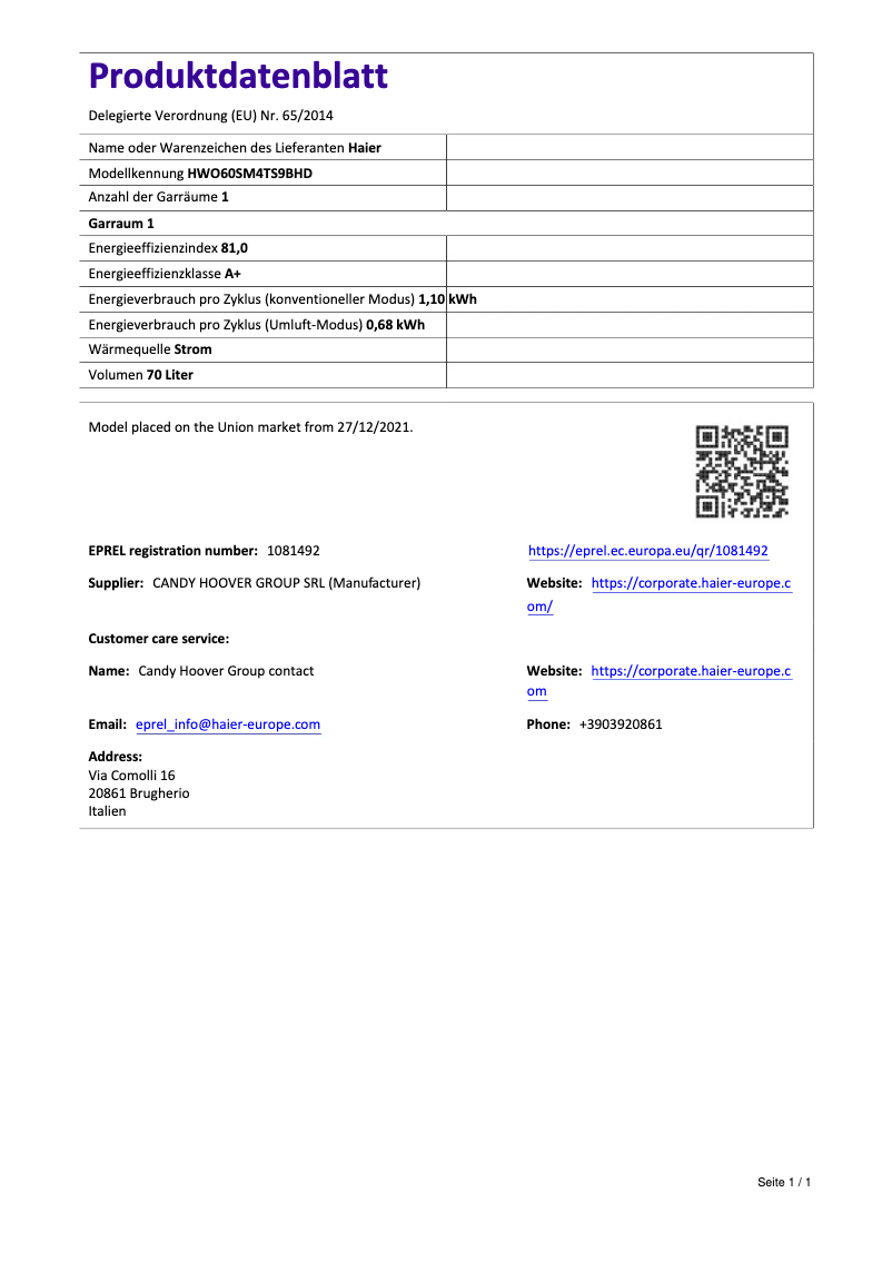 Page 1 de la notice Fiche technique Haier HWO60SM4TS9BHD
