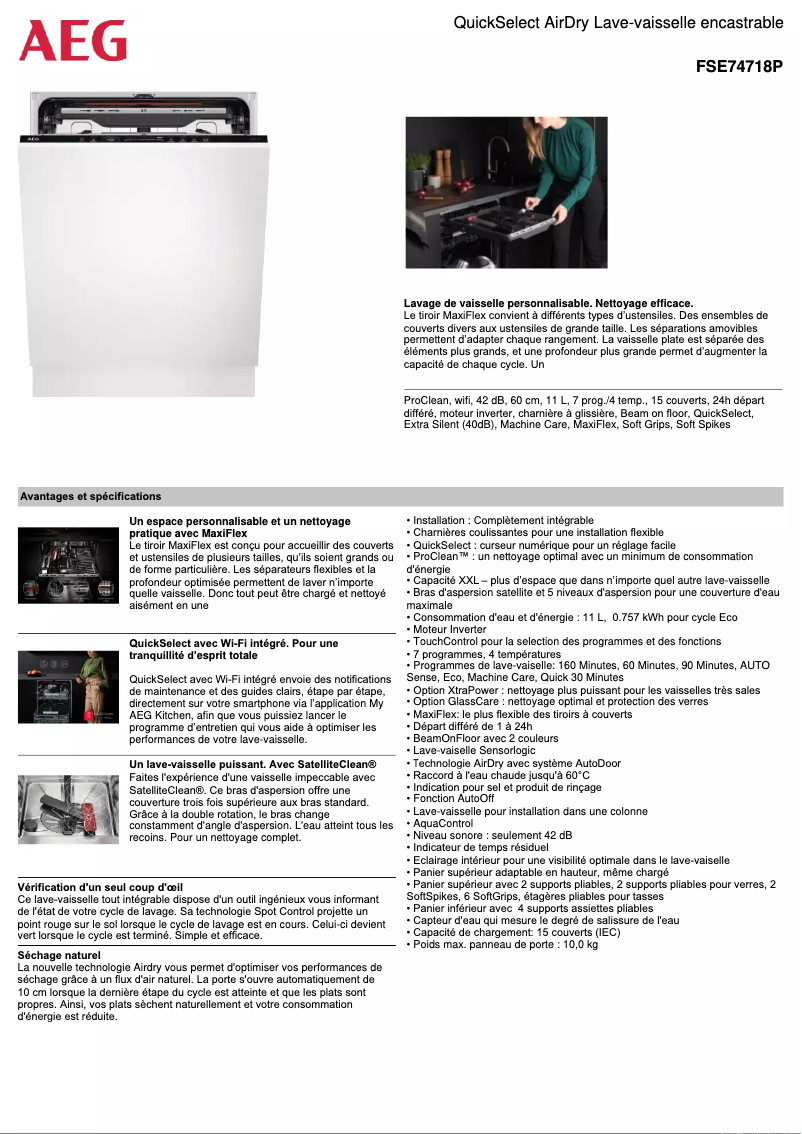 Page 1 de la notice Fiche technique AEG FSE74718P