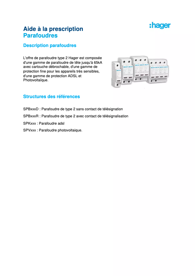 Page 1 de la notice Brochure Hager SPB208D