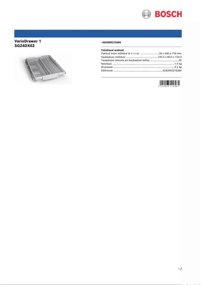 Page 1 de la notice Fiche technique Bosch SGZ4DX02