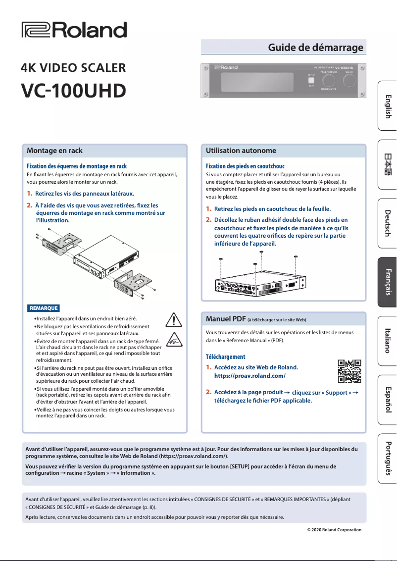Page 1 de la notice Guide d'installation Roland VC-100UHD