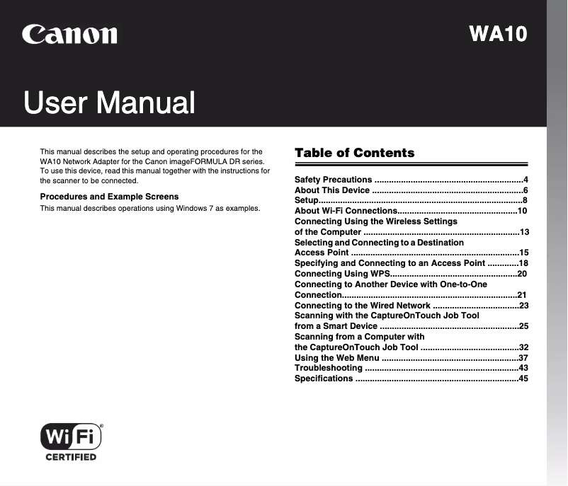 Image de la première page du manuel de l'appareil WA10