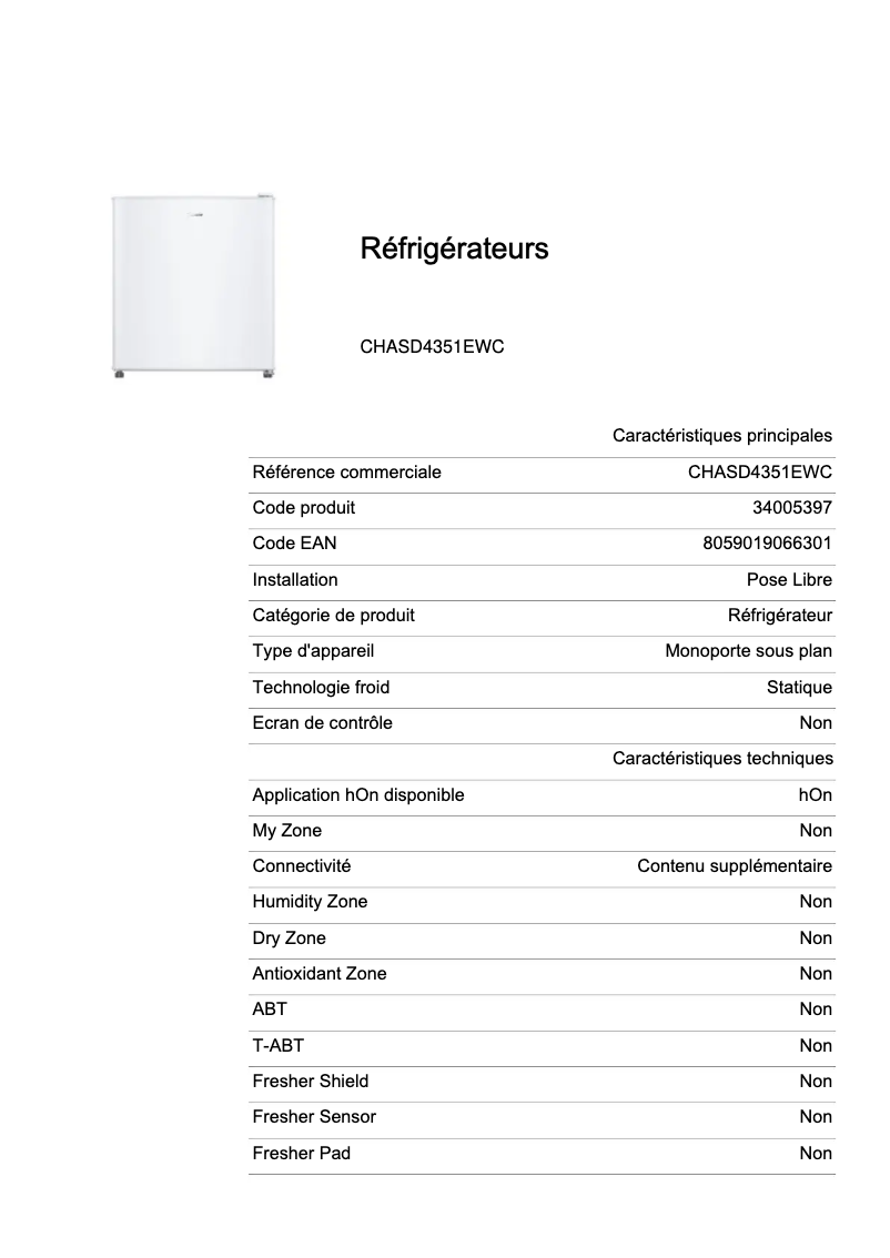 Page 1 de la notice Fiche technique Candy CHASD4351EWC