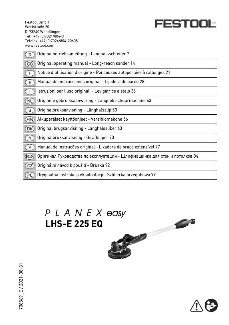 Page 1 de la notice Manuel utilisateur Festool PLANEX easy LHS-E 225 EQ