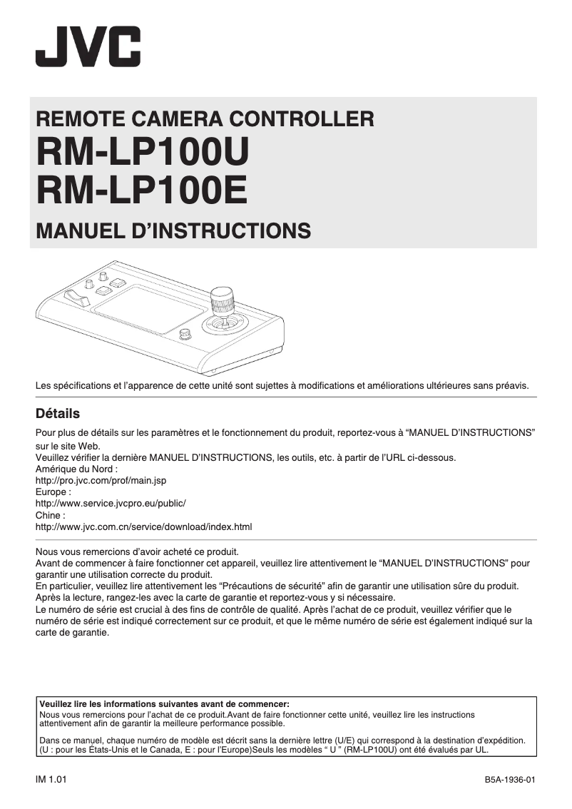 Page n°1 - Manuel utilisateur JVC RM-LP100
