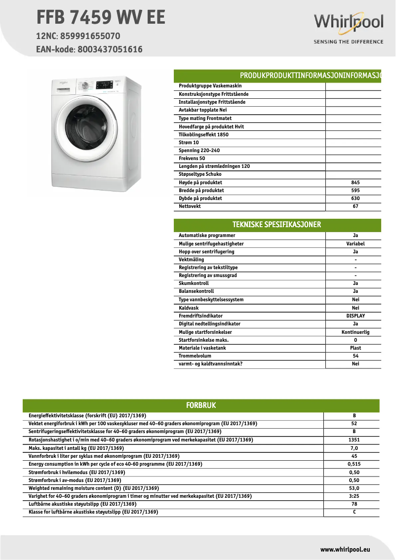 Página 1 del manual Ficha técnica Whirlpool FFB 7459 WV EE