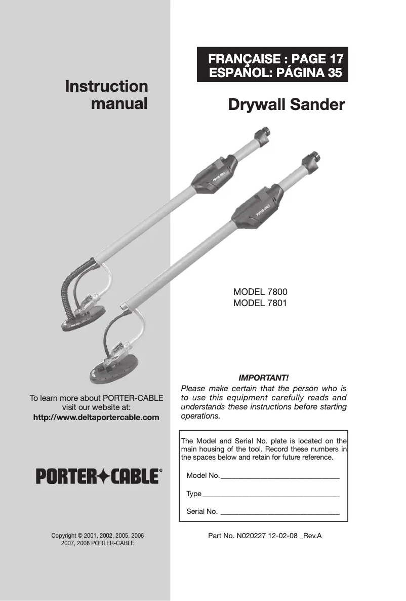 Page n°1 - Manuel utilisateur Porter-Cable 7800