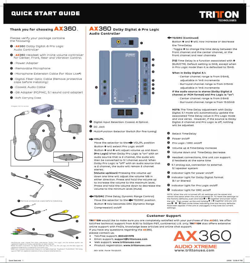 Page 1 de la notice Manuel utilisateur Tritton AX 360