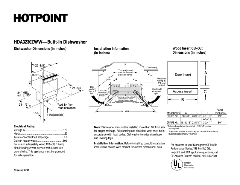 Page 1 de la notice Fiche technique Hotpoint HDA3230ZWW