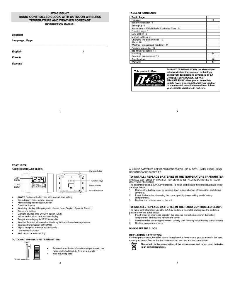 Image de la première page du manuel de l'appareil WS-8158U-IT