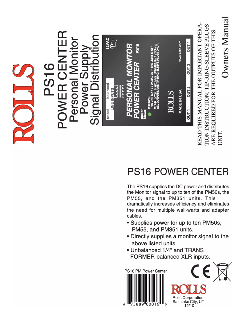 Page 1 de la notice Manuel utilisateur Rolls Personal Monitor Power Center PS16