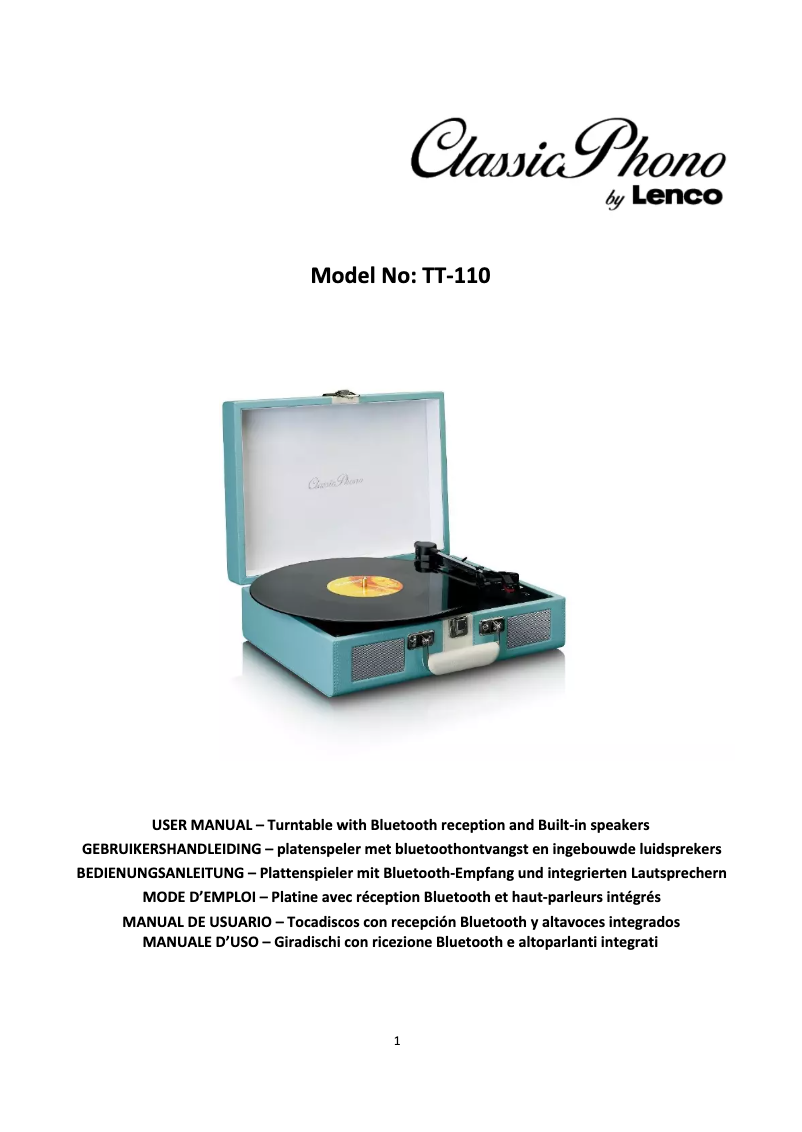 Page n°1 - Manuel utilisateur Lenco Classic Phono TT-110