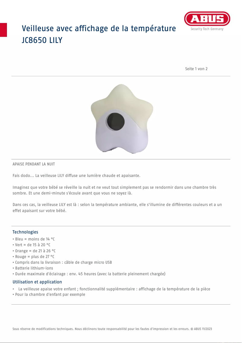 Page n°1 - Fiche technique Abus JC8650 LILY