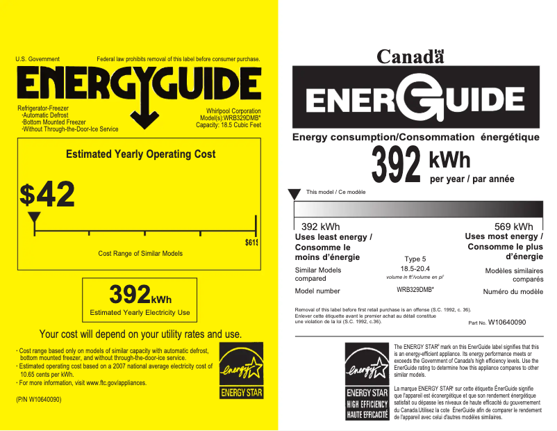 Page 1 de la notice Label énergétique Whirlpool WRB329DMBB
