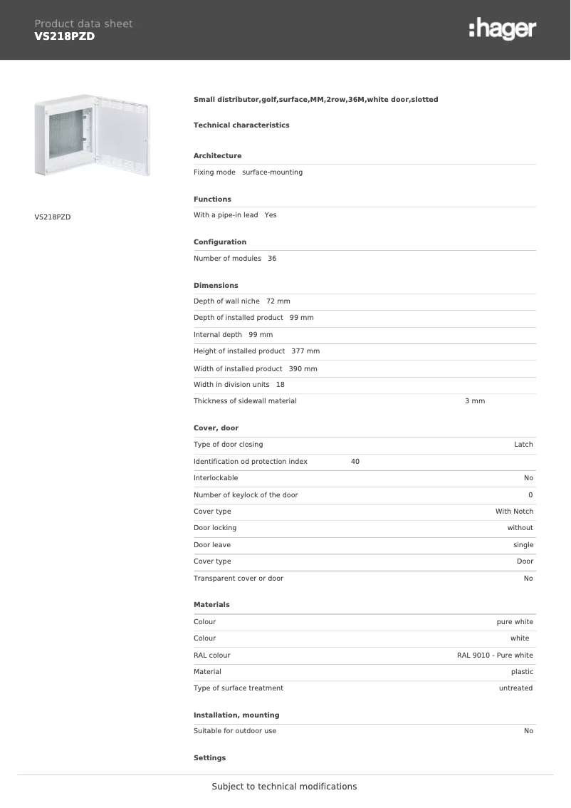 Page n°1 - Manuel utilisateur Hager VS218PZD