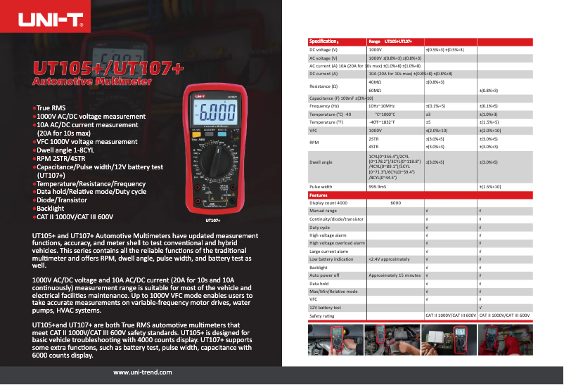Page 1 de la notice Fiche technique Uni-T UT107+