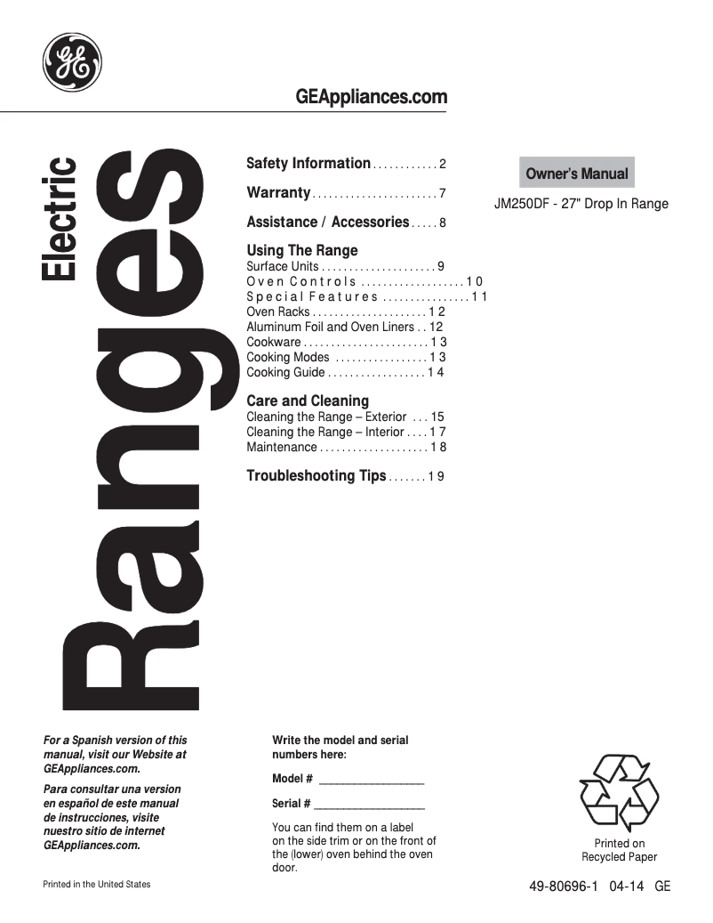 Page n°1 - Mode d'emploi GE JM250DFBB