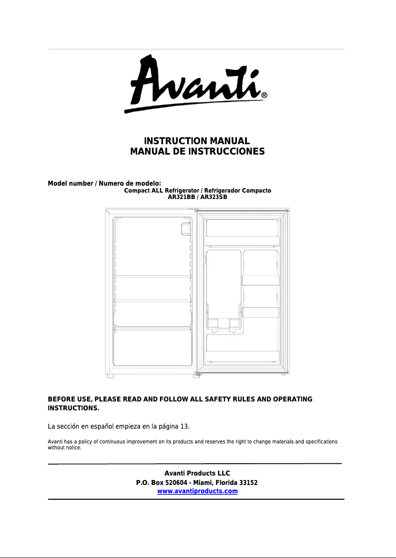 Page 1 de la notice Manuel utilisateur Avanti AR323SB