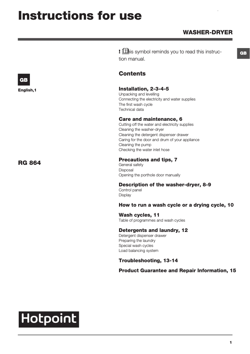 Page 1 de la notice Manuel utilisateur Hotpoint RG 864 S UK