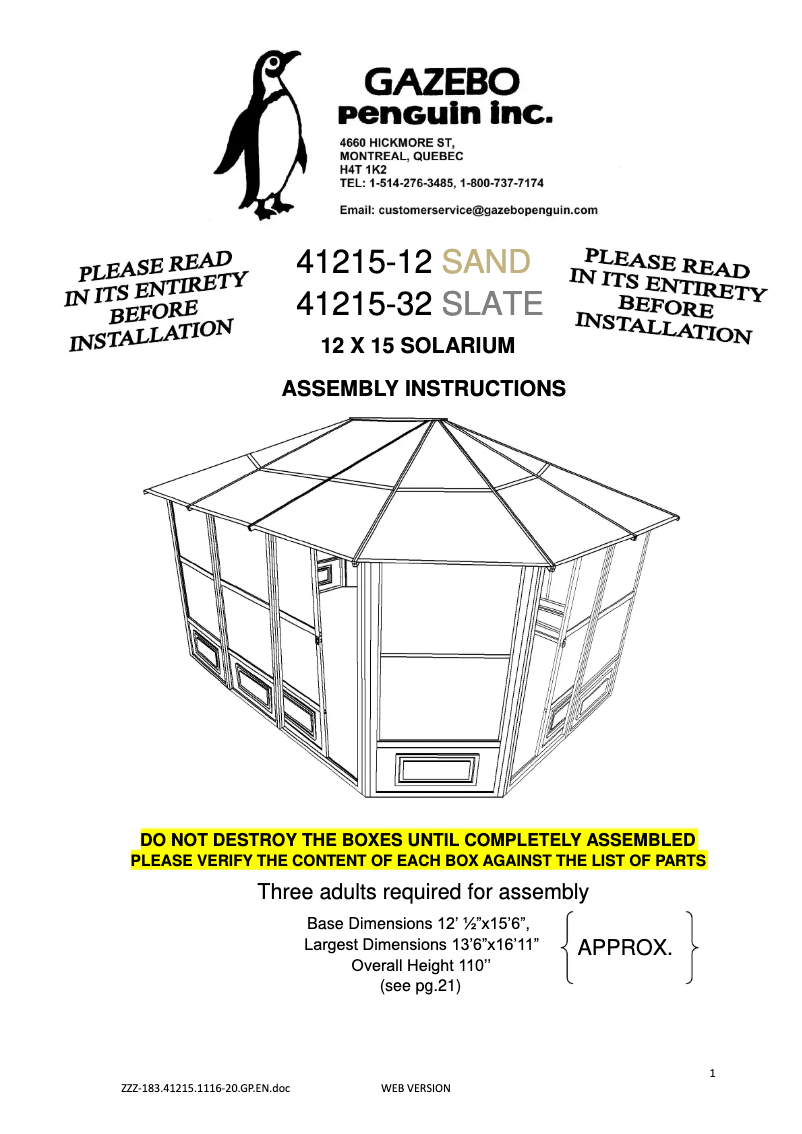 Page n°1 - Manuel utilisateur Gazebo Penguin 41215-12