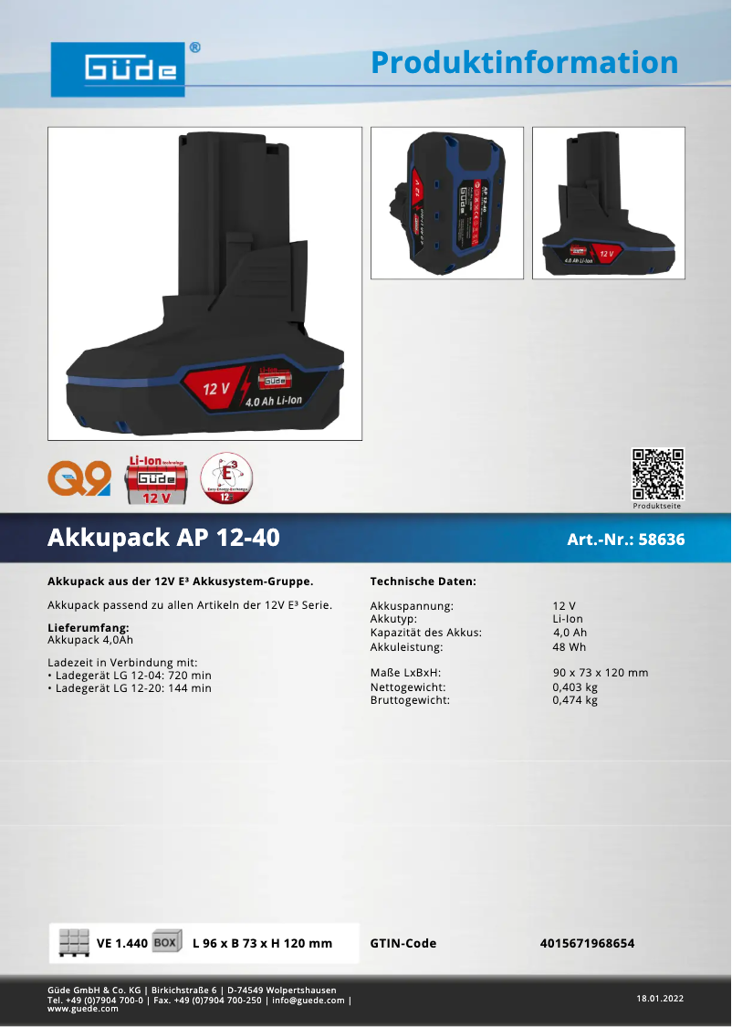 Page 1 de la notice Fiche technique Güde AP 12-40