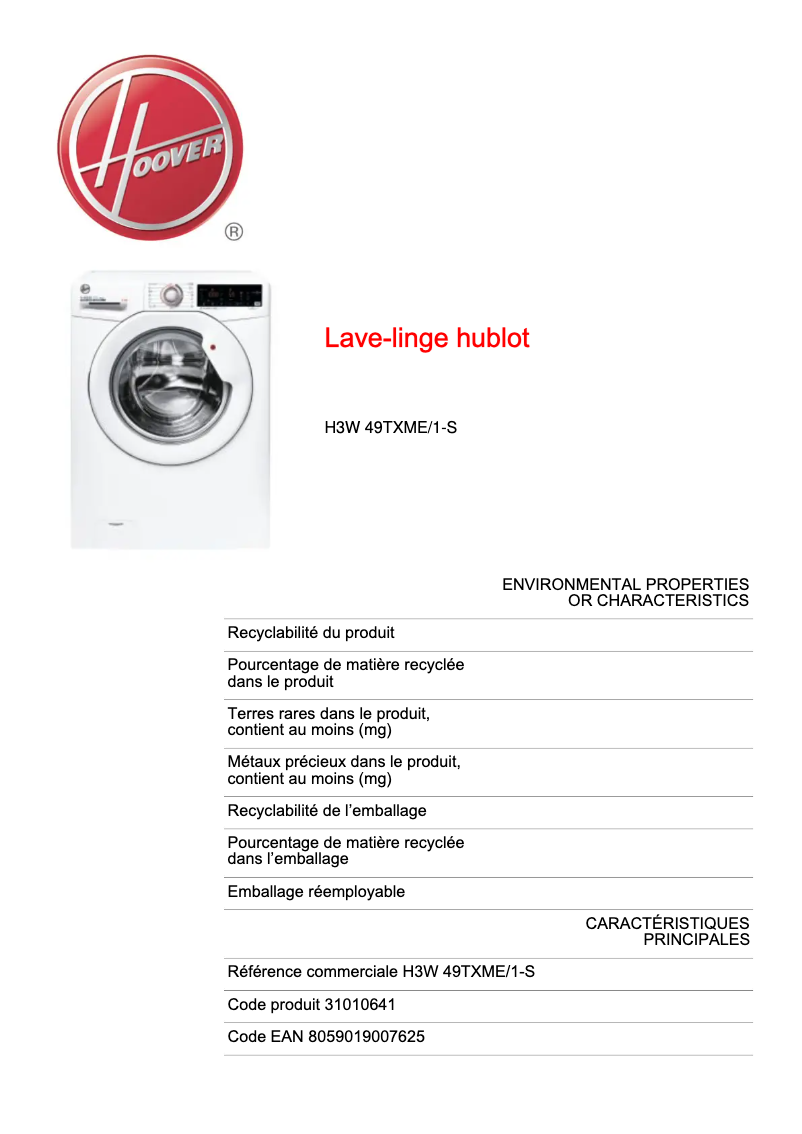Page 1 de la notice Fiche technique Hoover H3W 49TXME/1-S
