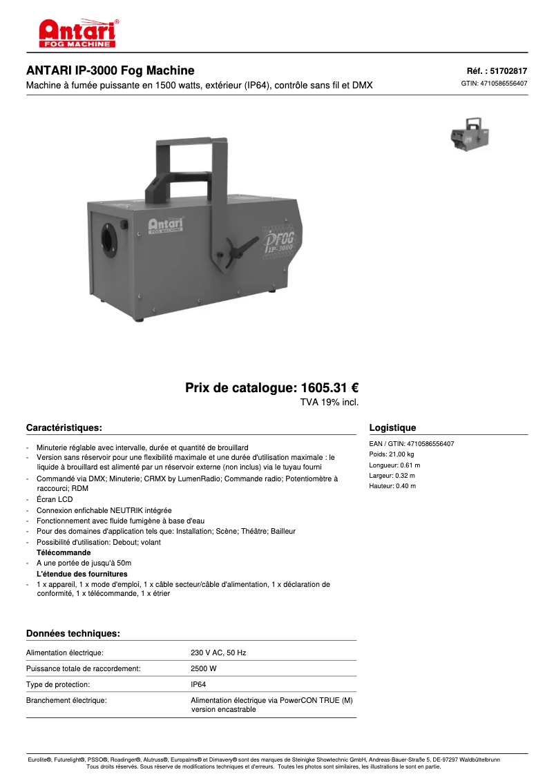 Página 1 del manual Ficha técnica Antari IP-3000