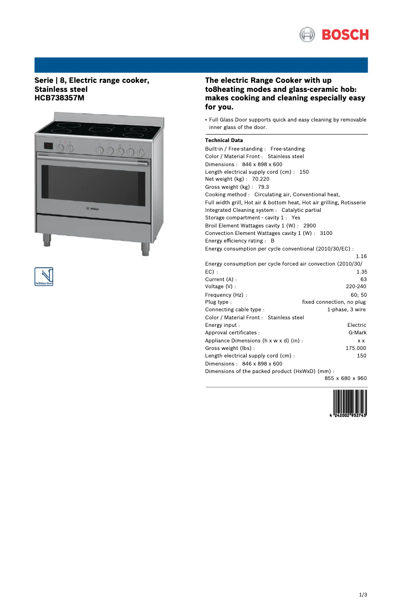 Página 1 del manual Ficha técnica Bosch HCB738357M