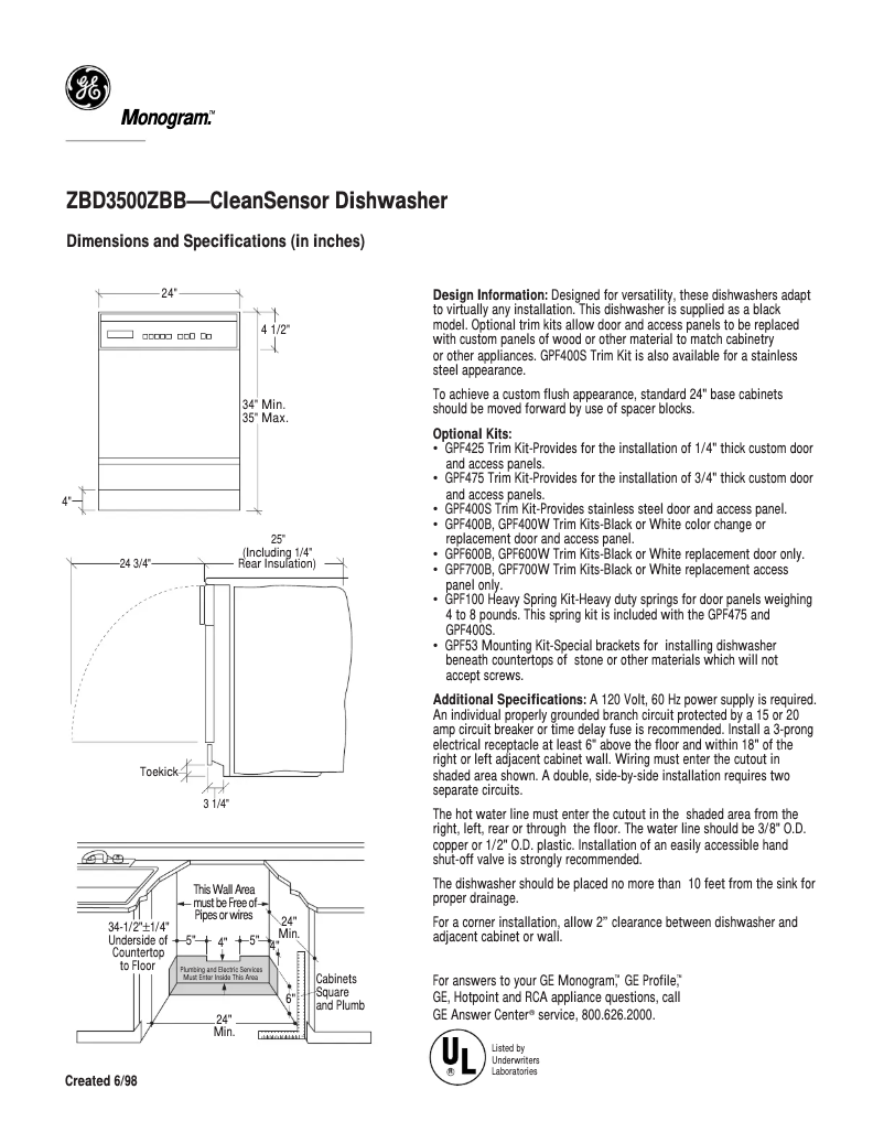 Page 1 of the manual Technical Sheet GE ZBD3500ZBB